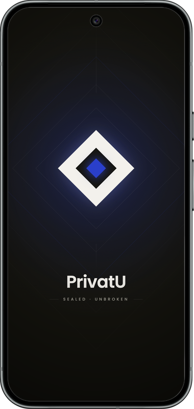 A PrivatU Pixel displaying the PrivatU wallpaper: a white diamond mark with a blue centre above the words PrivatU, sealed, unbroken.